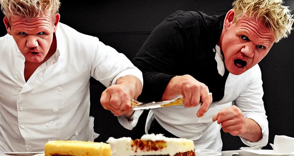 Image similar to photo of angry furious Gordon Ramsay smashing a cake in Gordon Ramsay's face at the kitchen