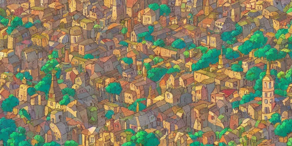 Prompt: landscape screenshot of a colorful medieval town from Hayao Miyazaki (Studio Ghibli), golden hour