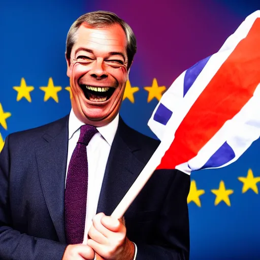 Image similar to nigel farage laughing holding burning eu flag, studio photograph, hd, studio