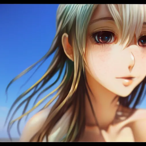 Image similar to nymph render of a very beautiful 3d anime girl, long hair, hazel eyes, cute freckles, full round face, short smile, cute white t-shirt, golden hour, serene beach setting, medium shot, mid-shot, highly detailed, trending on Artstation, Unreal Engine 4k