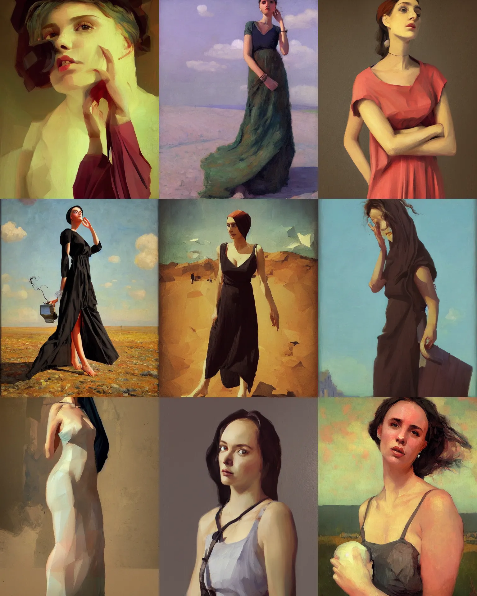 Prompt: woman portrait, female figure in maxi dress, rhads, modernism, low poly, industrial, vapor punk, barocco, ilya repin style