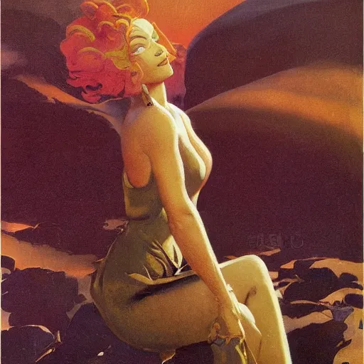 Image similar to a oil painting of a fair skin with dark curly stylised hair queen wearing dress, by hans emmenegger, by bruce pennington, by eyvind earle, by nicholas roerich, by frank frazetta, by georgia o keeffe, by dean cornwell, highly detailed, realistic, concept art, jewels, tiles curtains, oriental, desaturated