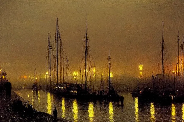Prompt: victorian harbour night, a beautiful painting by atkinson grimshaw, autumn,