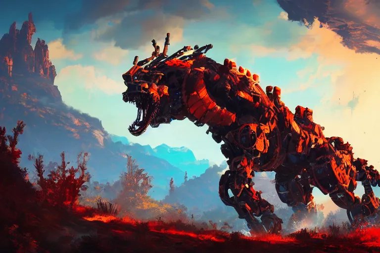 Image similar to fireclaw machine mecanical creature robot of horizon forbidden west horizon zero dawn bioluminiscence global illumination ray tracing hdr fanart arstation by ian pesty and alena aenami artworks in 4 k