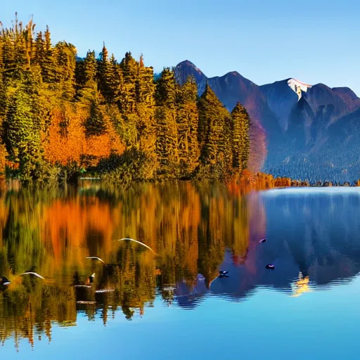 Image similar to photo of two black swans swimming in a beautiful reflective mountain lake, touching heads, forming a heart with their necks, a colorful hot air balloon is flying above the swans, hot air balloon, intricate, 8k highly professionally detailed, HDR, CGsociety