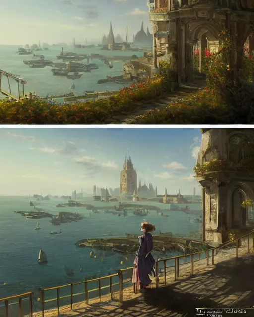 Image similar to over the shoulder landscape painting of violet evergarden, behind her is a distant old european city leiden from violet evergarden next to the reflecting ocean, ocean, sunshine, by Philipp A. Urlich and Pengzhen Zhang and Andreas Rocha and WLOP and Rossdraws, fantasy, intricate, elegant, highly detailed, digital painting, trending on artstation, blender, unreal engine 5, octane render, smooth, sharp focus, illustration