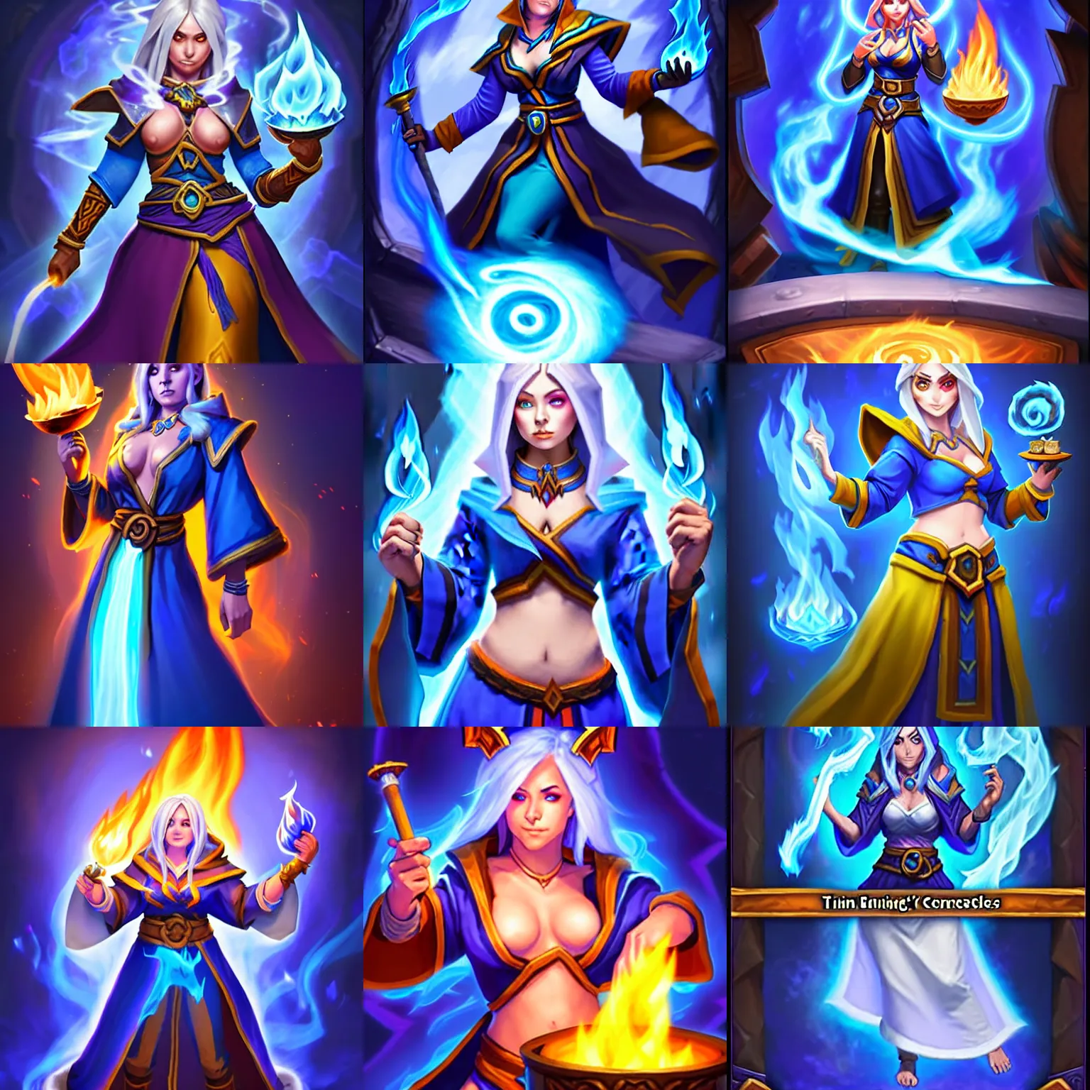 Prompt: a female mage with a blue robe and casting a fire spell, Hearthstone official splash art, tinyest midriff ever, largest haunches ever, fullest body, small head, SFW, SFW, perfect master piece, award winning