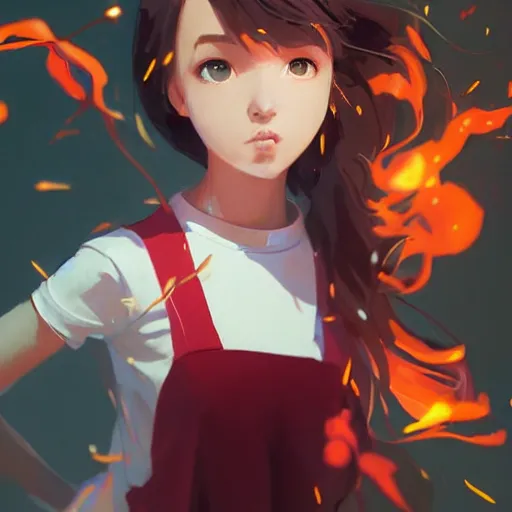 Image similar to Full body, splash art by WLOP, Ilya kuvshinov, Krenz Cushart, and Greg Rutkowski, trending on artstation. Realistic fantasy cute Latina Pixar-style young girl, expressing joy, silky hair, wearing a red-sleeved white t-shirt with jeans, she has fire powers, her hair glows super glowy fire, Cinematic dramatic atmosphere of a mystic forest, sharp focus, soft volumetric studio lighting.