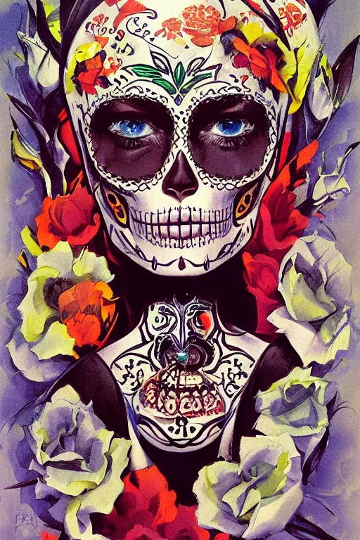 Image similar to Illustration of a sugar skull day of the dead girl, art by peter andrew jones