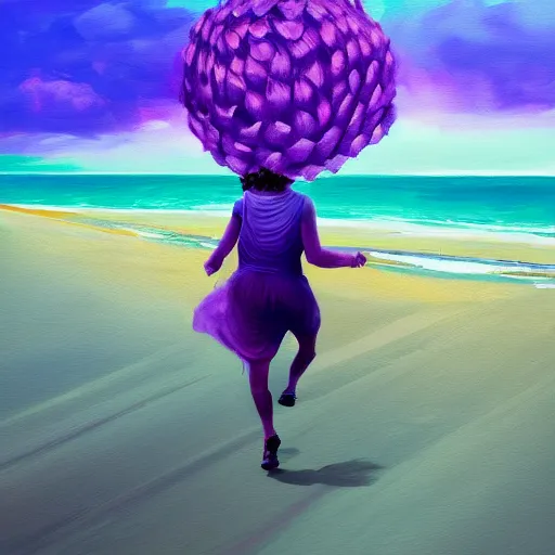 Image similar to portrait, giant purple dahlia flower head, woman running at the beach, surreal photography, sunrise, blue sky, dramatic light, impressionist painting, digital painting, artstation, simon stalenhag