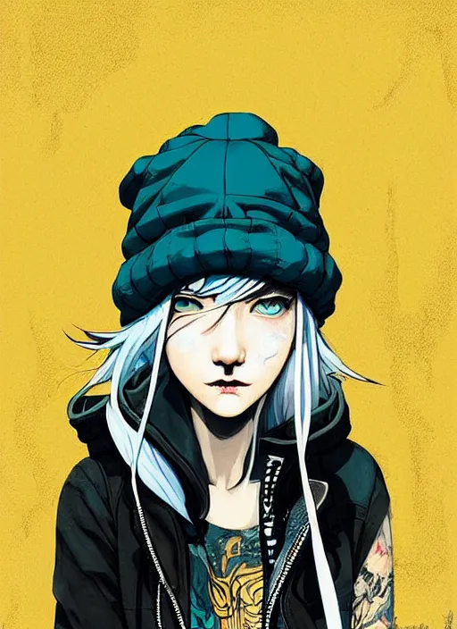 Prompt: highly detailed portrait of a sewer punk lady student, blue eyes, leather hoody, hat, white hair by atey ghailan, by greg tocchini, by james gilleard, by kaethe butcher, gradient yellow, black, brown and cyan color scheme, grunge aesthetic!!! ( ( graffiti tag wall background ) )