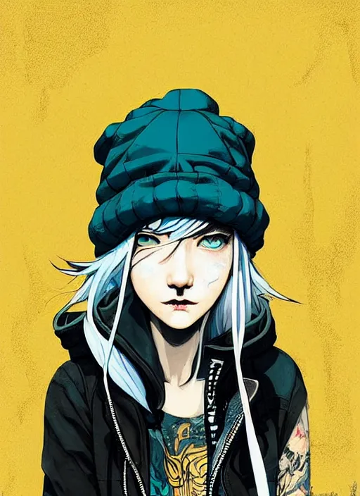 Image similar to highly detailed portrait of a sewer punk lady student, blue eyes, leather hoody, hat, white hair by atey ghailan, by greg tocchini, by james gilleard, by kaethe butcher, gradient yellow, black, brown and cyan color scheme, grunge aesthetic!!! ( ( graffiti tag wall background ) )