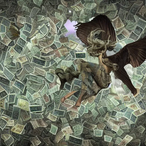 Prompt: tornado made of dollar bills, raining dollar bills, heavy winds and clouds of cash in the background, Realistic, Regal, Refined, Detailed Digital Art, Michael Cheval, Walt Disney (1937), François Boucher, Oil Painting, Steampunk, Highly Detailed, Cinematic Lighting, Unreal Engine, 8k