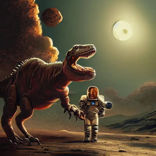 Prompt: A hyper real comic book style portait painting of an atronaut rides a dinosaur on the moon, unreal 5, hyperrealistic, octane render, cosplay, RPG portrait, dynamic lighting