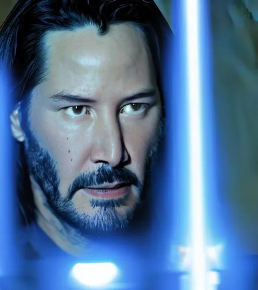 Prompt: keanu reeves as a jedi master with a blue lightsaber, perfect symmetrical face, full moon, moody lighting, 8 k, shallow depth of field, intricate detail,