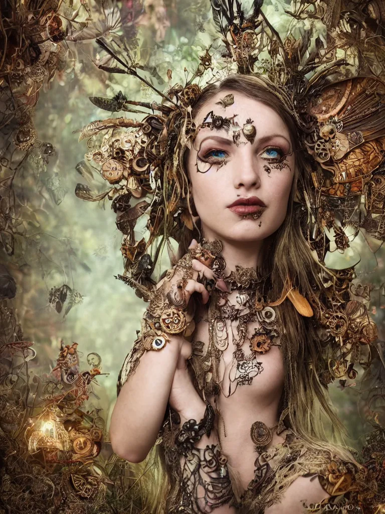 Prompt: a centered photo of a gorgeous steampunk fairy with face tattoos wearing ornate and intricate jewellery made from sticks and feathers and leaves and jewels dancing through a mushroom forest, Photo real, Detailed, Realism, Fantasy, Volumetric Lighting, Global Illumination, Subsurface Scattering, Photographic Color Scheme blur,trending on cg society, trending on artstation