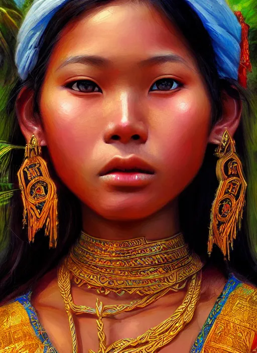 Image similar to portrait of a beautiful teen khmer ethnic cambodia, closeup portrait, historical, ethnic group, traditional costume, elegant, loin cloth, highly detailed, oil painting, artstation, concept art, matte, sharp focus, illustration, hearthstone, art by earl norem