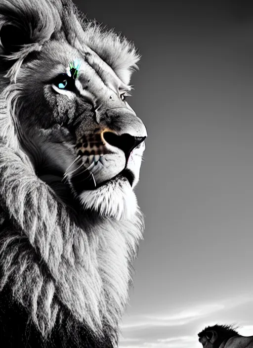 Image similar to lion and lioness black and white portrait white sky in background