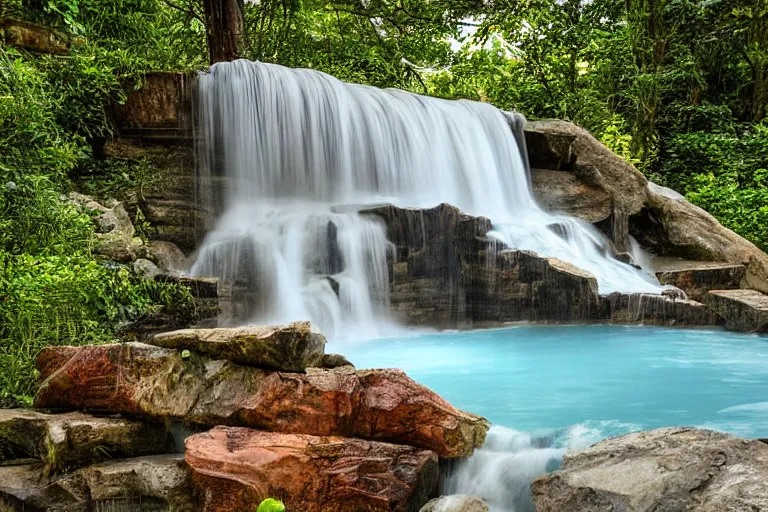 Prompt: a menthol waterfall falling into a hot tub, digital art