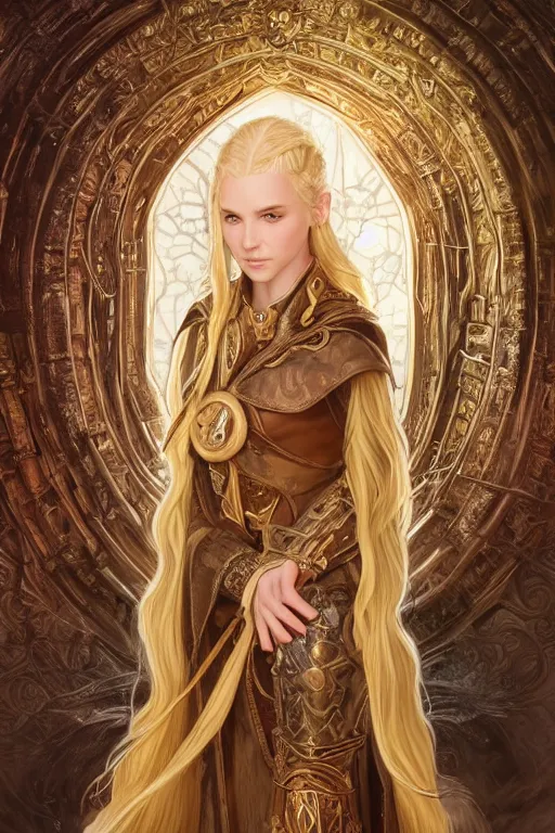 Prompt: beautiful cottagecore mage blonde braided hair opening a portal gate, heavy cloak, gold accents, leather jerkin, castle, fantasy character portrait, ultra realistic, intricate, elegant, highly detailed, digital painting, artstaion, smooth, sharp, focus, illustration, art by artgerm and greg rutkowski and alphonse mucha