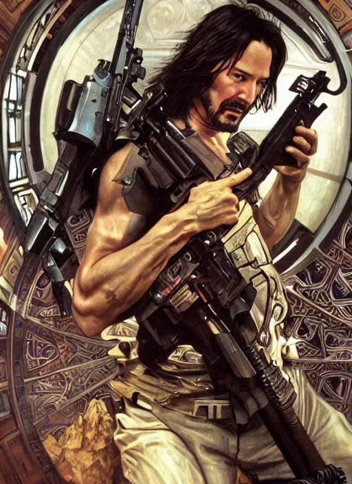 Prompt: Keanu Reeves as God of Guns, brutal, epic, intricate, elegant, highly detailed, digital painting, 4k, HDR, concept art, smooth, sharp focus, illustration, art by alphonse mucha,artgerm, H R Giger