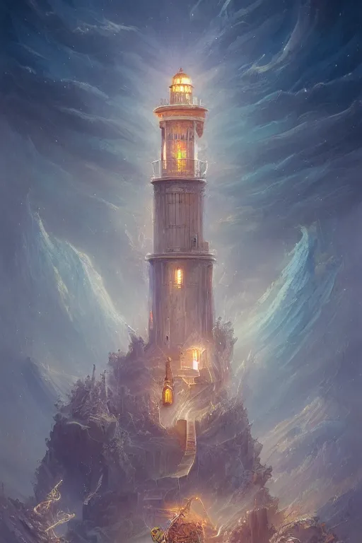 Prompt: Detailed Exterior Shot of Angelic Lighthouse of Alexandria, light of infinity, epic shafts, swarm of fireflies, magic atmosphere, in Style of Peter Mohrbacher, cinematic lighting