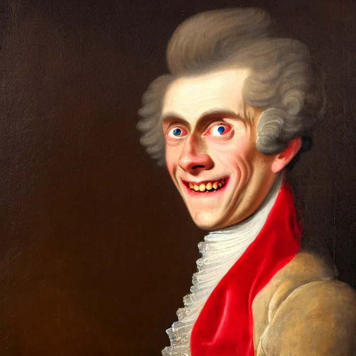 Prompt: an 18th Century royal portrait of a smiling Willem Dafoe with blood red eyes, portrait, 8k