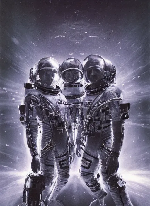Image similar to astronauts in dark and empty void underwater - complex and hyperdetailed technical suit. reflection and dispersion materials. rays and dispersion of light. volumetric light. 5 0 mm, f / 3 2. noise film photo. flash photography. ultra realistic, wide angle. poster by wayne barlowe, hajime sorayama aaron horkey, craig mullins