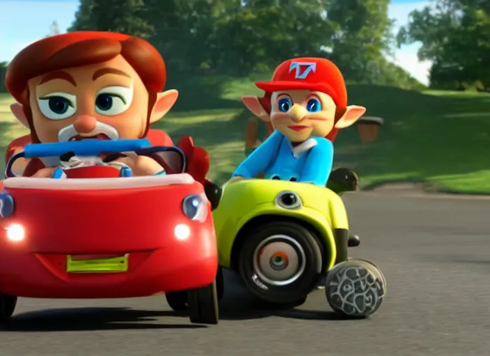 Image similar to steve buscemi driving a little tikes cozy coupe, movie still, from the new zelda game, 8 k, realistic