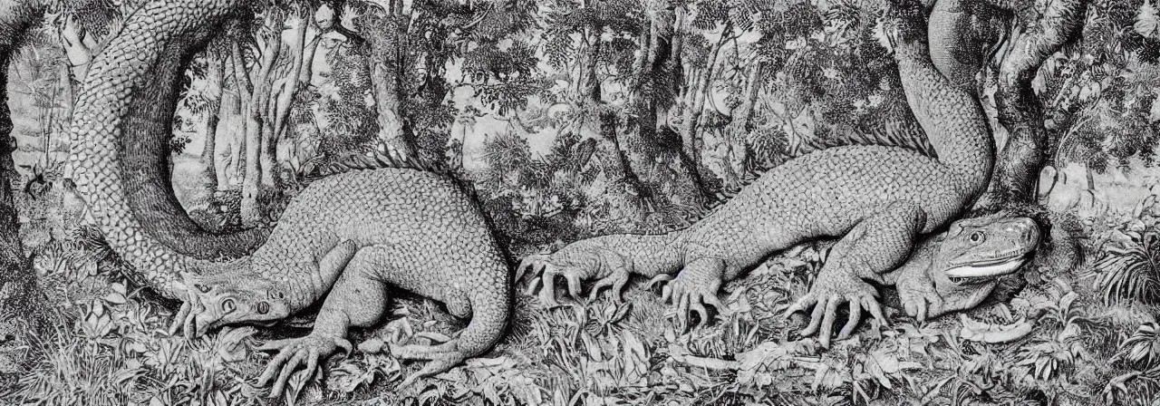 Prompt: Elaborate wallpaper print of A Komodo Dragon and a Giant spotted egg in the clearing of a sacred grove in the style of Albrecht Durer and Martin Schongauer, high contrast finely carved woodcut black and white crisp edges