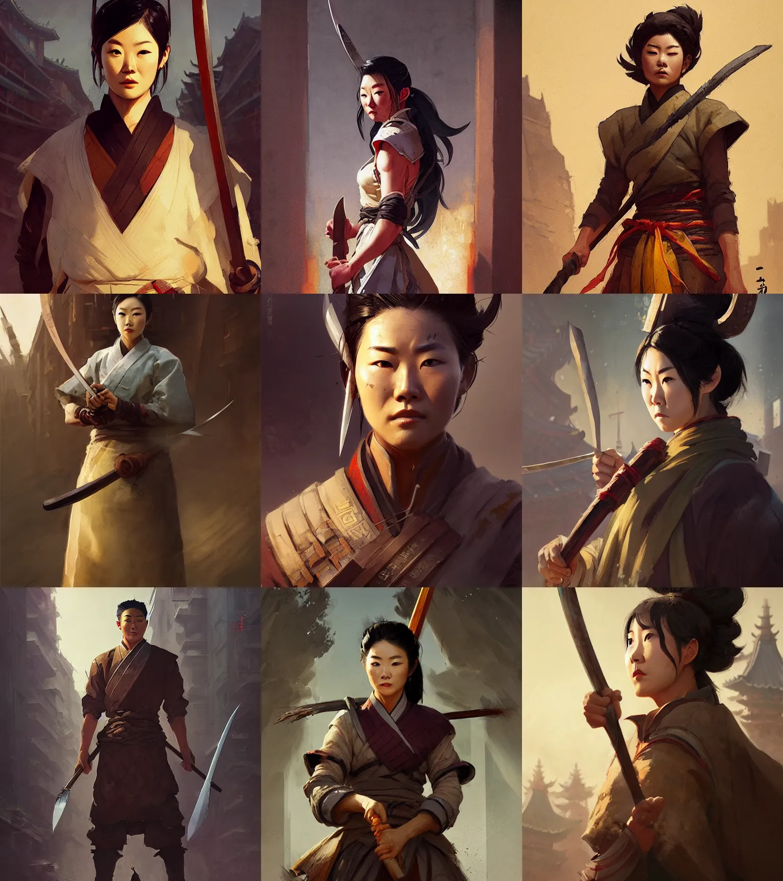 Prompt: a portrait of arden cho chef character with a polearm in a seoul city by marco bucci and greg rutkowski and frank frazetta, sharp focus, detailed, cinematic, hanbok