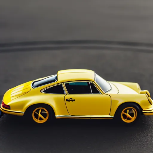 Image similar to close up photo of a small toy porsche 9 1 1 9 6 4 on a yellow road stripe, cinematic, shallow dof, 3 0 mm, 4 k, macro