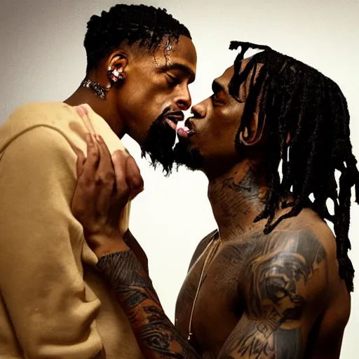 Prompt: studio photo of jesus kissing travis scott, studio portrait