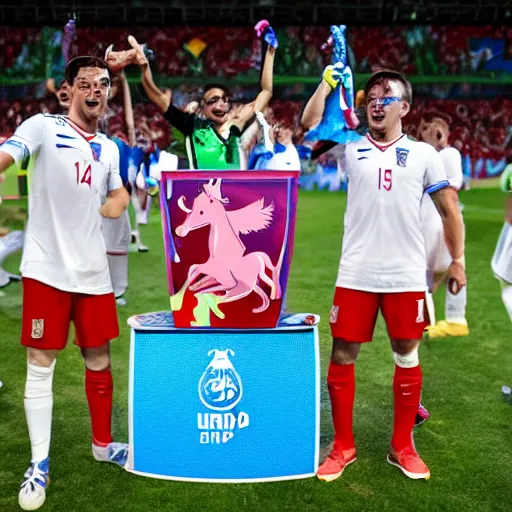 Image similar to Unicorns winning the FIFA World Cup