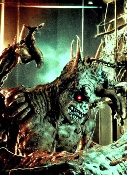 Prompt: horror practical fx of an cyber minotaur being defeated. art by ridley scott and david cronenberg 1 9 7 0