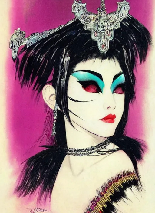 Image similar to svelt female korean vampiress, jeweled headdress, heavy mascara, strong line, saturated color, beautiful! coherent! by frank frazetta, high contrast, minimalism