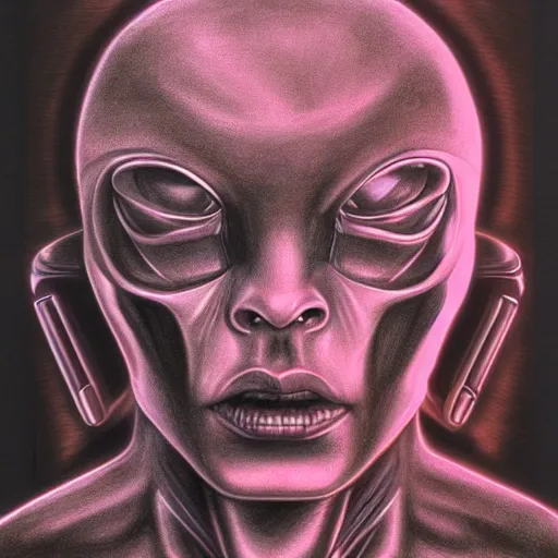 Prompt: face of an alien god, hyperrealistic pencil drawing, highly detailed, sharp focus, cyberpunk synthwave psychedelic