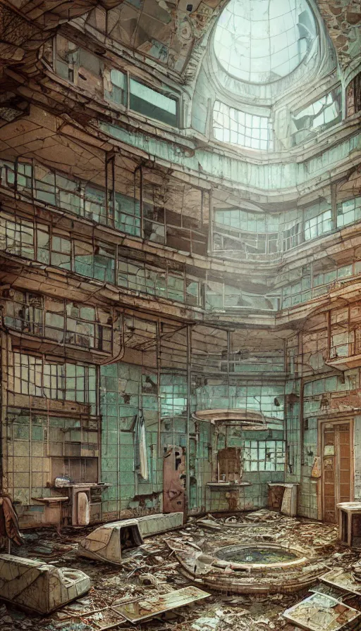 Image similar to a beautiful hyperdetailed illustration of building urbex abandoned bathroom by wes anderson, futuristic desert liberty city sea nature apocalyptic, archdaily, wallpaper, highly detailed, trending on artstation.