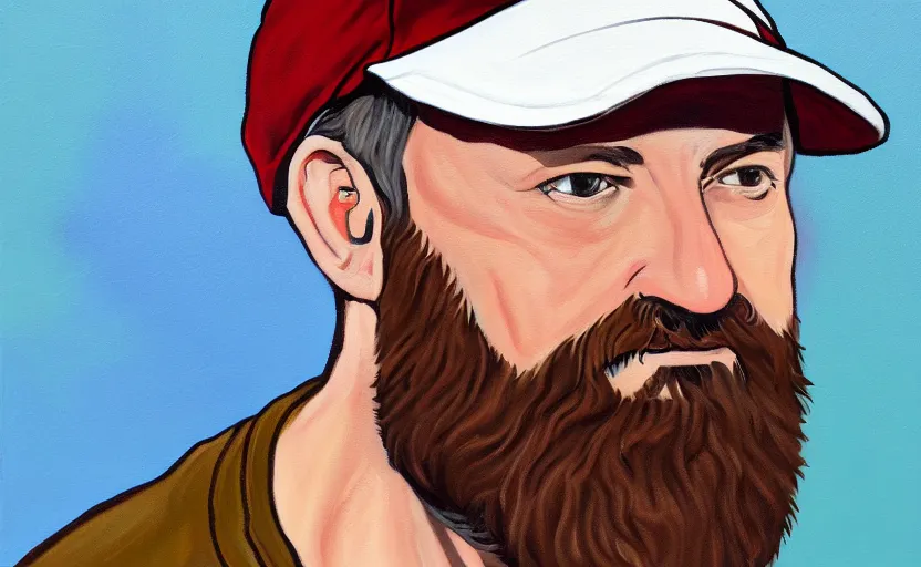 Image similar to painting of middle aged man with brown hair, white dad cap, beard in the style of martine johanna
