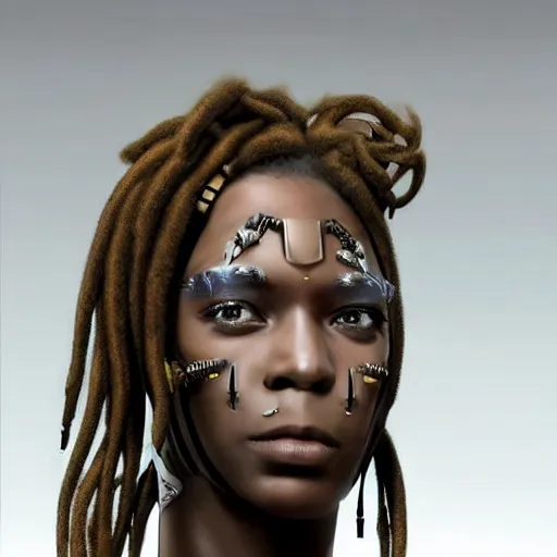 Image similar to a mecha version of an african woman with dreadlocks, with a septum nose ring piercing, very symmetrical, highly detailed, by vitaly bulgarov, by joss nizzi, by ben procter, by steve jung, concept art, quintessa, metal gear solid, transformers cinematic universe, concept art world, pinterest, artstation, unreal engine