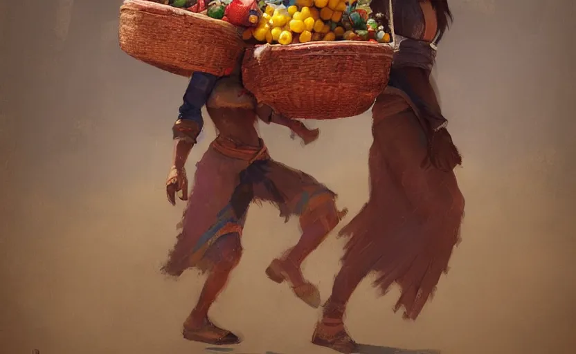 Image similar to A painting of an Aztec Woman carrying a Basket of Fruit trending on artstation in the style of Greg Rutkowski