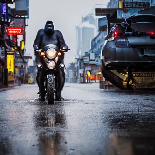 Image similar to a gorilla is riding a motor cycle in a cyberpunk city, shot from far away, during night, raining, many puddles on the street