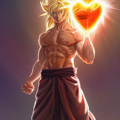 Image similar to Jesus christ transforming in super Saiyan holding the a shiny Sacred Heart , by Stanley Artgerm Lau, WLOP, Rossdraws, James Jean, Andrei Riabovitchev, Marc Simonetti, Yoshitaka Amano, ArtStation, CGSociety,