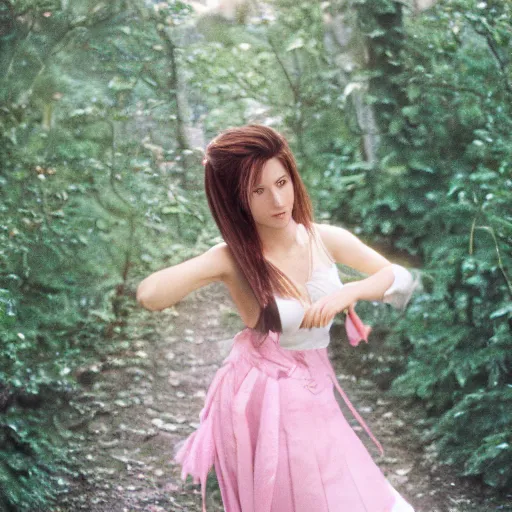 Image similar to photo of aerith from final fantasy vii, cinematic, cinestill 4 0 0 t film