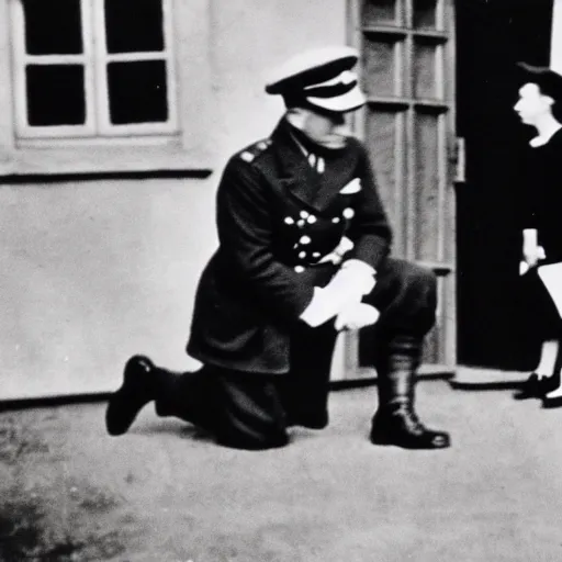 Image similar to ultra wide 1 9 4 6 blurry historical photo of a single german general kneeling, a young queen elizabeth watches him, french village exterior, her brown and white corgis are next to her, highly detailed, sharp focus