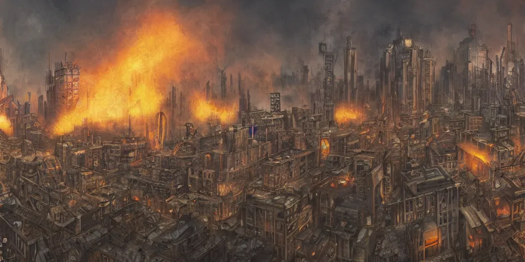 Image similar to dieselpunk city completely ablaze, wide angle shot, realist painting