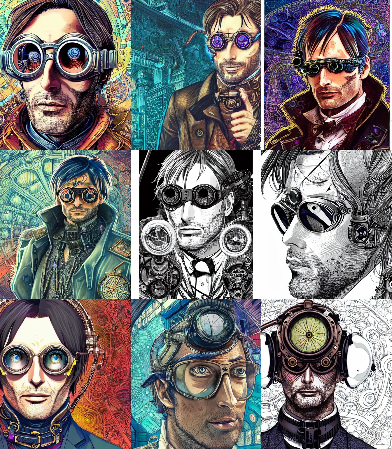 Prompt: hyper detailed comic illustration of a steampunk anime Mads Mikkelsen wearing goggles and an intricate Victorian jacket, markings on his face, by Android Jones intricate details, bright vibrant colors , solid background, low angle fish eye lens