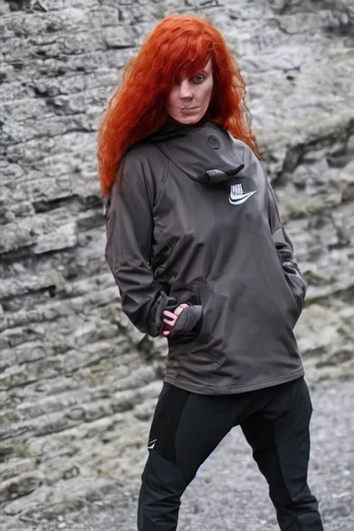 Image similar to beautiful red haired british woman in techwear, techwear look and clothes, Nike ACG, ACRNYM, Errolson Hugh, Y3, trending on r/streetwear, outfit photo, we see them from head to toe