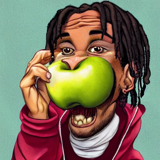 Image similar to caricature of travis scott eating apple, artstation, 8 k, cgsociety, high detalied, high quality,