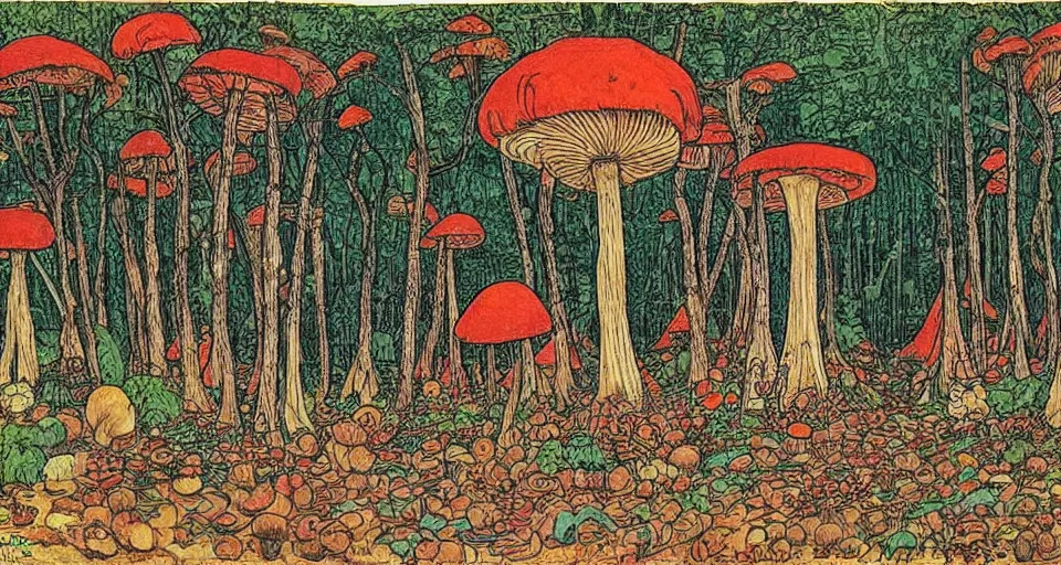 Image similar to A tribal village in a forest of giant mushrooms, by Ivan Bilibin,